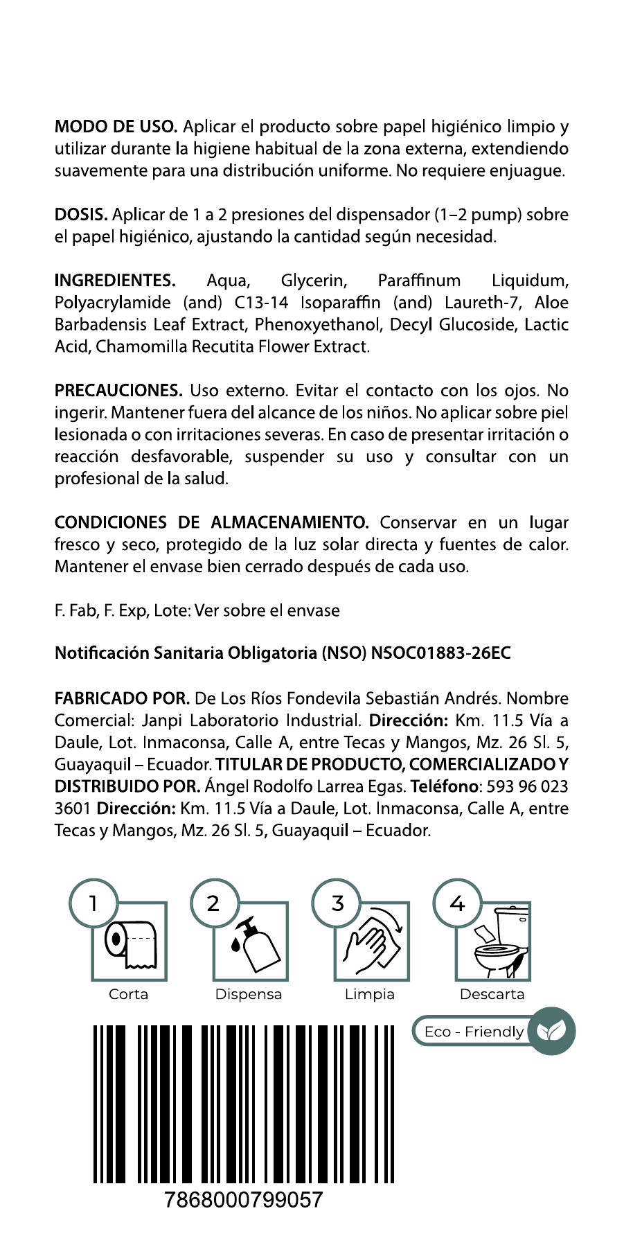 Reverso original con modo de uso, ingredientes, precauciones, datos sanitarios y fabricante