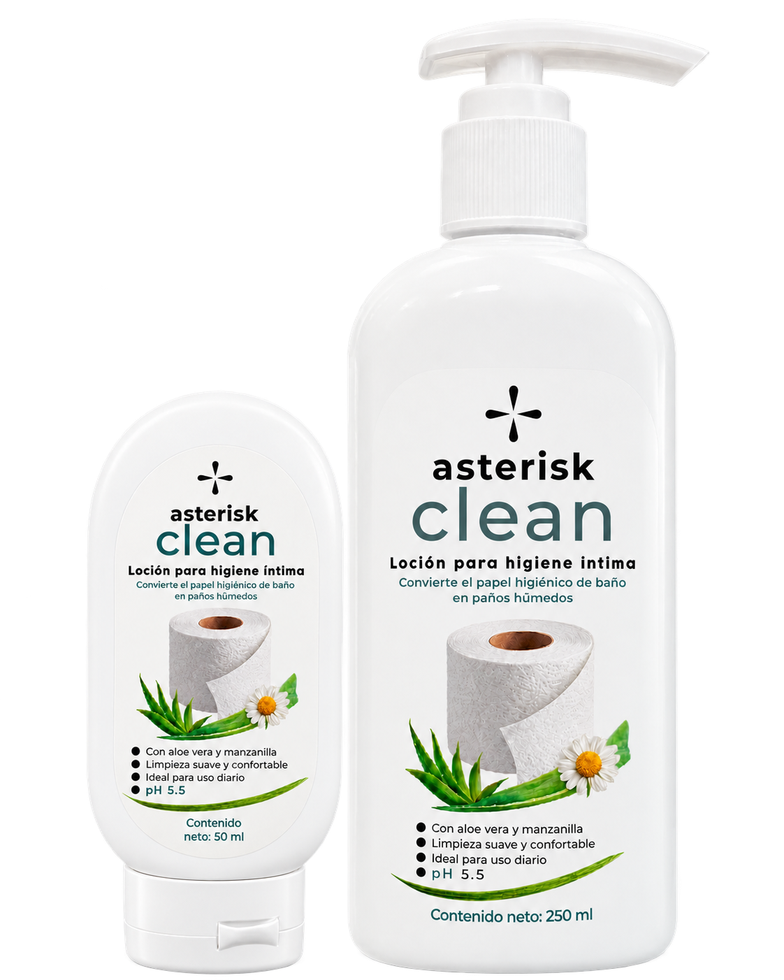 ASTERISK CLEAN: envase de bolsillo de 50 mL junto al frasco con dispensador de 250 mL